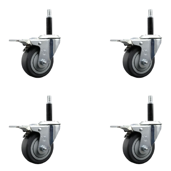 3.5'' SS Thermoplastic Rubber Swivel 3/4'' Expanding Stem Caster Set Total Lock Brake, 4PK